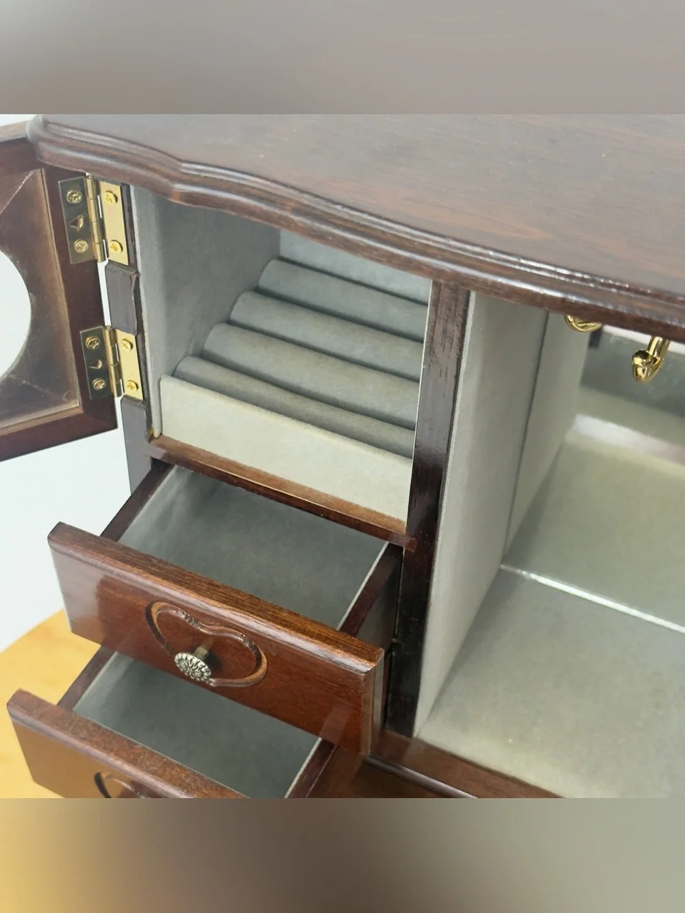 Wooden Heart-Drawer Jewelry Box with Mirrored Door - Dark Brown